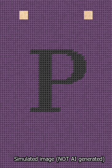 A simulated image of the stitched needlepoint design: Banner 13m Squared P Black on Purple. Not A.I. generated.