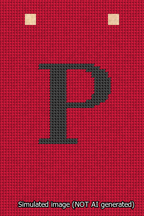 A simulated image of the stitched needlepoint design: Banner 13m Squared P Black on Red. Not A.I. generated.