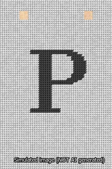 A simulated image of the stitched needlepoint design: Banner 13m Squared P Black on White. Not A.I. generated.