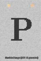 A simulated image of the stitched needlepoint design: Banner 13m Squared P Black on White. Not A.I. generated.