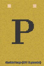 A simulated image of the stitched needlepoint design: Banner 13m Squared P Black on Yellow. Not A.I. generated.