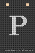 A simulated image of the stitched needlepoint design: Banner 13m Squared P White on Black. Not A.I. generated.