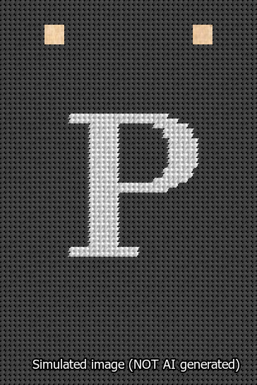 A simulated image of the stitched needlepoint design: Banner 13m Squared P White on Black. Not A.I. generated.