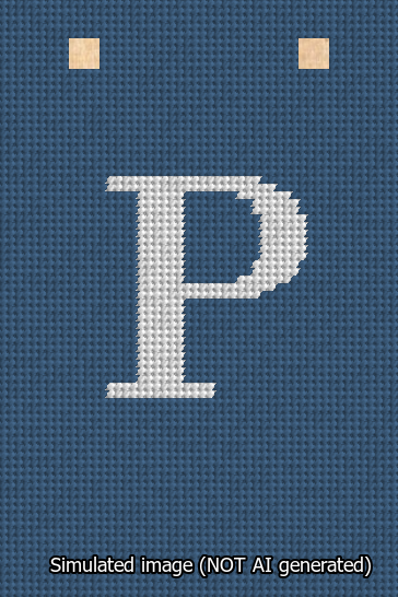 A simulated image of the stitched needlepoint design: Banner 13m Squared P White on Blue. Not A.I. generated.