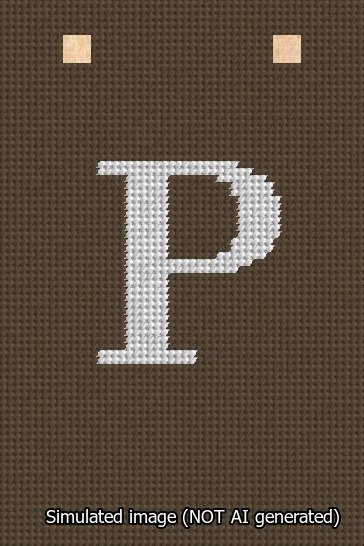 A simulated image of the stitched needlepoint design: Banner 13m Squared P White on Brown. Not A.I. generated.