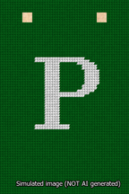 A simulated image of the stitched needlepoint design: Banner 13m Squared P White on Green. Not A.I. generated.