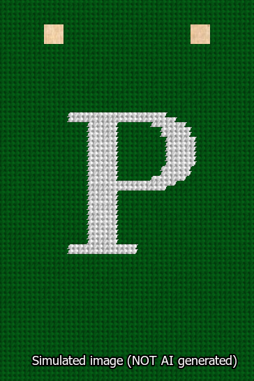 A simulated image of the stitched needlepoint design: Banner 13m Squared P White on Green. Not A.I. generated.