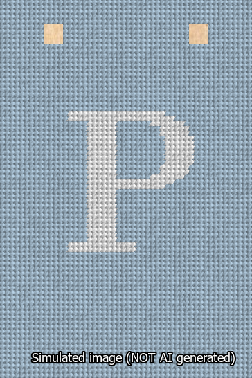 A simulated image of the stitched needlepoint design: Banner 13m Squared P White on Light Blue. Not A.I. generated.