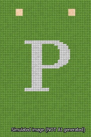 A simulated image of the stitched needlepoint design: Banner 13m Squared P White on Light Green. Not A.I. generated.