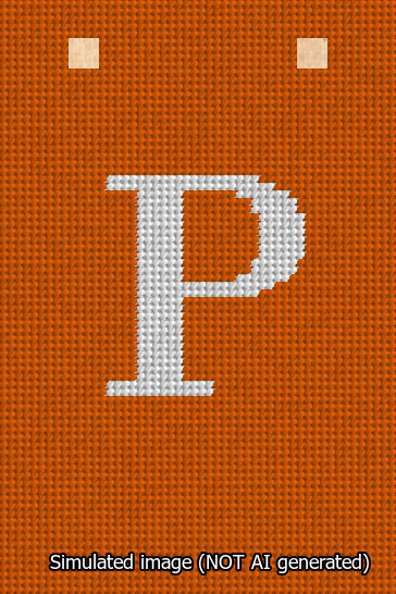 A simulated image of the stitched needlepoint design: Banner 13m Squared P White on Orange. Not A.I. generated.