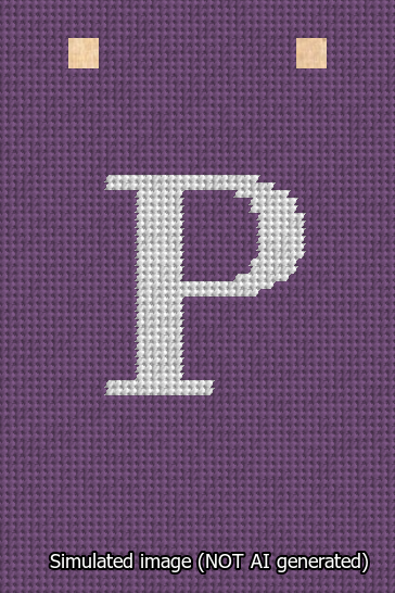 A simulated image of the stitched needlepoint design: Banner 13m Squared P White on Purple. Not A.I. generated.