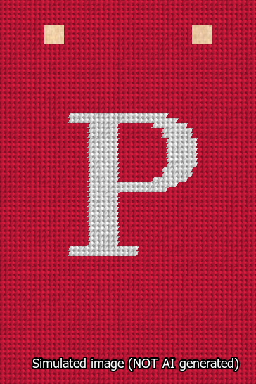 A simulated image of the stitched needlepoint design: Banner 13m Squared P White on Red. Not A.I. generated.
