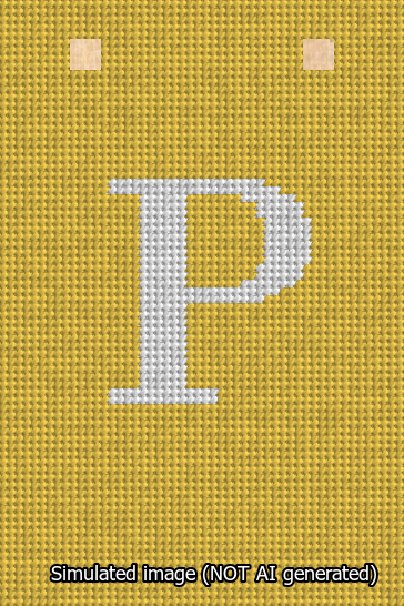 A simulated image of the stitched needlepoint design: Banner 13m Squared P White on Yellow. Not A.I. generated.