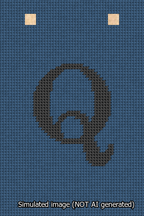 A simulated image of the stitched needlepoint design: Banner 13m Squared Q Black on Blue. Not A.I. generated.