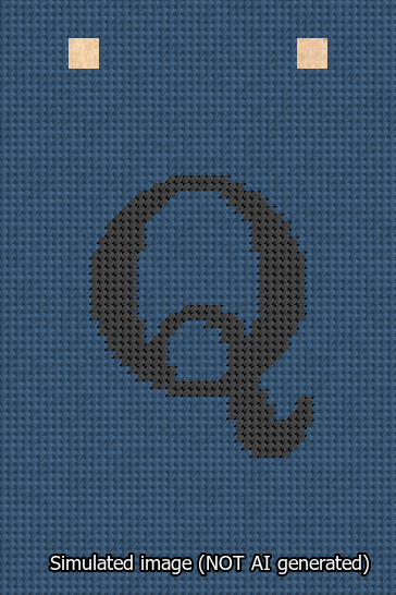 A simulated image of the stitched needlepoint design: Banner 13m Squared Q Black on Blue. Not A.I. generated.