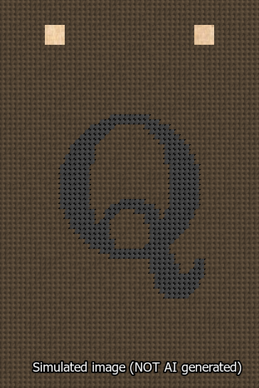 A simulated image of the stitched needlepoint design: Banner 13m Squared Q Black on Brown. Not A.I. generated.