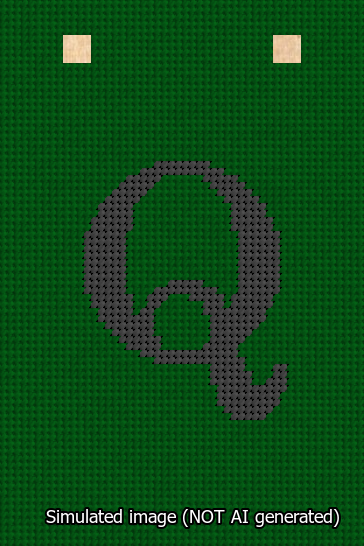 A simulated image of the stitched needlepoint design: Banner 13m Squared Q Black on Green. Not A.I. generated.