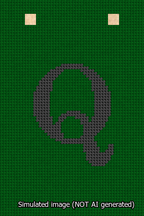 A simulated image of the stitched needlepoint design: Banner 13m Squared Q Black on Green. Not A.I. generated.