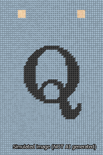 A simulated image of the stitched needlepoint design: Banner 13m Squared Q Black on Light Blue. Not A.I. generated.