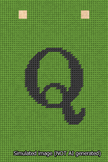 A simulated image of the stitched needlepoint design: Banner 13m Squared Q Black on Light Green. Not A.I. generated.