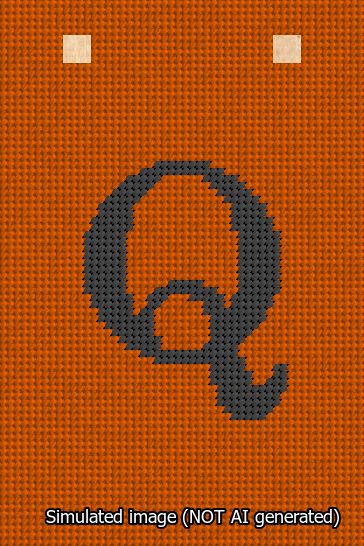 A simulated image of the stitched needlepoint design: Banner 13m Squared Q Black on Orange. Not A.I. generated.