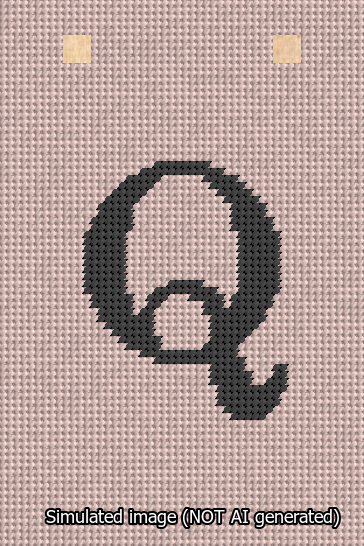 A simulated image of the stitched needlepoint design: Banner 13m Squared Q Black on Pink. Not A.I. generated.