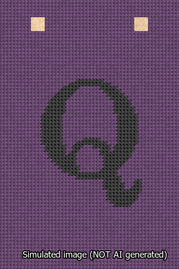 A simulated image of the stitched needlepoint design: Banner 13m Squared Q Black on Purple. Not A.I. generated.
