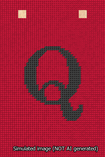 A simulated image of the stitched needlepoint design: Banner 13m Squared Q Black on Red. Not A.I. generated.