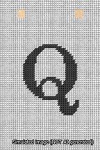 A simulated image of the stitched needlepoint design: Banner 13m Squared Q Black on White. Not A.I. generated.