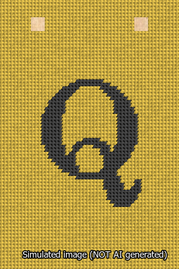 A simulated image of the stitched needlepoint design: Banner 13m Squared Q Black on Yellow. Not A.I. generated.