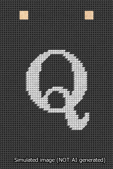 A simulated image of the stitched needlepoint design: Banner 13m Squared Q White on Black. Not A.I. generated.
