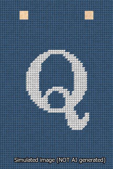 A simulated image of the stitched needlepoint design: Banner 13m Squared Q White on Blue. Not A.I. generated.