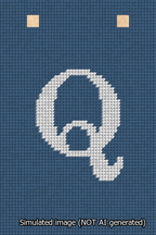 A simulated image of the stitched needlepoint design: Banner 13m Squared Q White on Blue. Not A.I. generated.