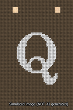 A simulated image of the stitched needlepoint design: Banner 13m Squared Q White on Brown. Not A.I. generated.