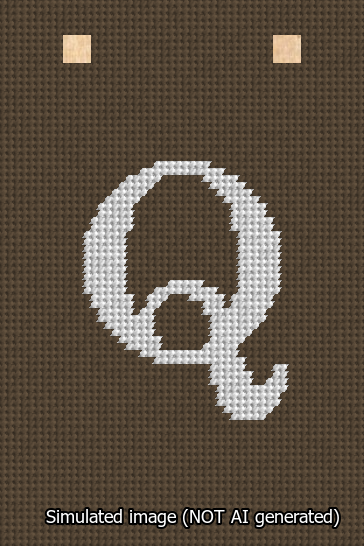 A simulated image of the stitched needlepoint design: Banner 13m Squared Q White on Brown. Not A.I. generated.