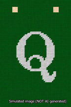 A simulated image of the stitched needlepoint design: Banner 13m Squared Q White on Green. Not A.I. generated.