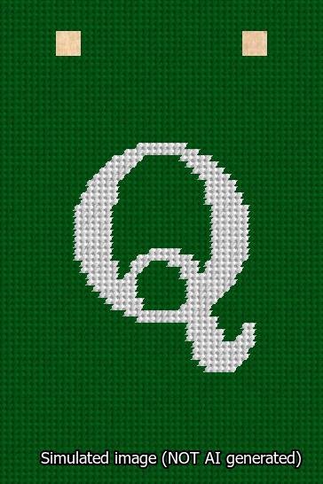 A simulated image of the stitched needlepoint design: Banner 13m Squared Q White on Green. Not A.I. generated.