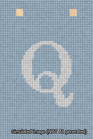 A simulated image of the stitched needlepoint design: Banner 13m Squared Q White on Light Blue. Not A.I. generated.