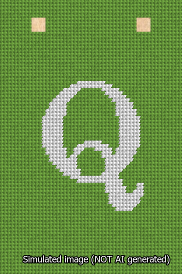 A simulated image of the stitched needlepoint design: Banner 13m Squared Q White on Light Green. Not A.I. generated.