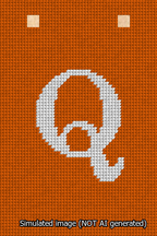 A simulated image of the stitched needlepoint design: Banner 13m Squared Q White on Orange. Not A.I. generated.