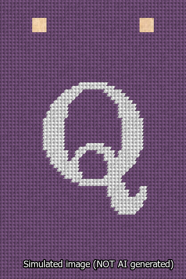 A simulated image of the stitched needlepoint design: Banner 13m Squared Q White on Purple. Not A.I. generated.