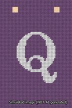 A simulated image of the stitched needlepoint design: Banner 13m Squared Q White on Purple. Not A.I. generated.
