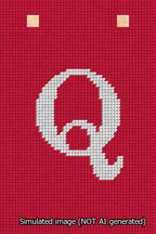 A simulated image of the stitched needlepoint design: Banner 13m Squared Q White on Red. Not A.I. generated.