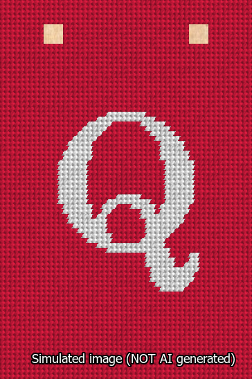 A simulated image of the stitched needlepoint design: Banner 13m Squared Q White on Red. Not A.I. generated.
