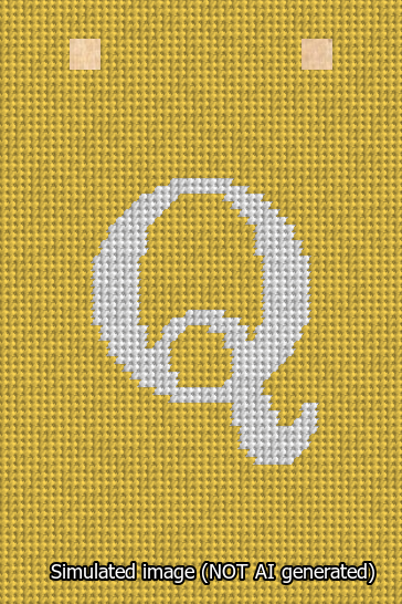 A simulated image of the stitched needlepoint design: Banner 13m Squared Q White on Yellow. Not A.I. generated.