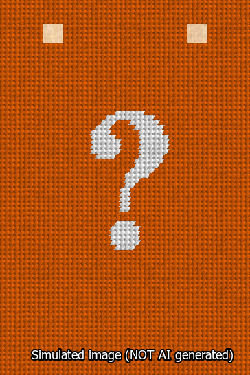 A simulated image of the stitched needlepoint design: Banner 13m Squared Question White on Orange. Not A.I. generated.