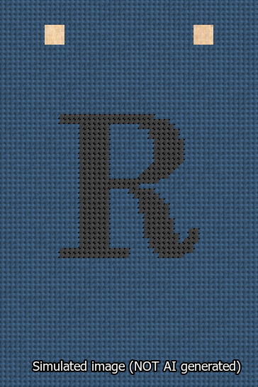 A simulated image of the stitched needlepoint design: Banner 13m Squared R Black on Blue. Not A.I. generated.
