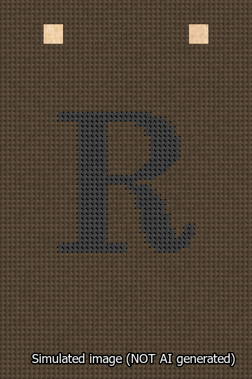 A simulated image of the stitched needlepoint design: Banner 13m Squared R Black on Brown. Not A.I. generated.