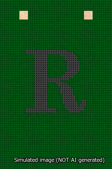 A simulated image of the stitched needlepoint design: Banner 13m Squared R Black on Green. Not A.I. generated.