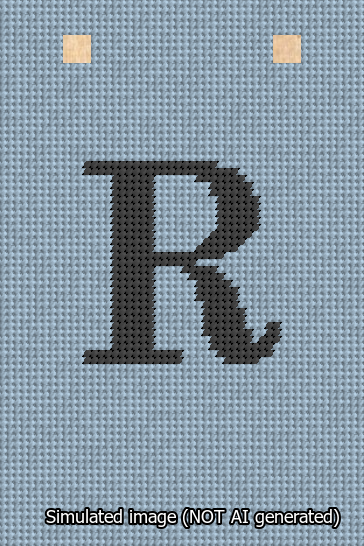 A simulated image of the stitched needlepoint design: Banner 13m Squared R Black on Light Blue. Not A.I. generated.